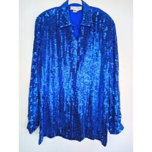 Vintage DIANE GILMAN Women's Silk Long Sleeve Blouse Collared Sequin Blue Size M